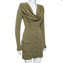 Pre Owned Balmain Green Wool Drape Button Front Long Sleeve Midi Dress S