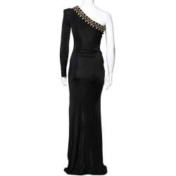 Pre Owned Balmain Black Jersey Crystal Embellished Draped One Shoulder Evening Gown S