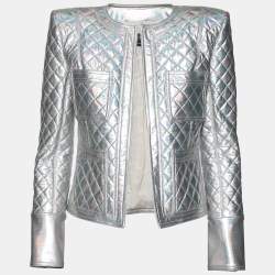 Balmain Silver Holographic Quilted Open Front Jacket M