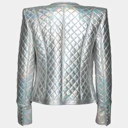 Balmain Silver Holographic Quilted Open Front Jacket M