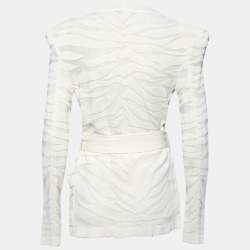 Pre Owned Balmain White Zebra Textured Knit Belted Wrap Cardigan M