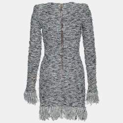 Pre Owned Balmain Blue Tweed Fringed Long Sleeve Mini Dress S