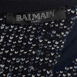 Pre Owned Balmain Blue Tweed Fringed Long Sleeve Mini Dress S