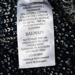 Pre Owned Balmain Blue Tweed Fringed Long Sleeve Mini Dress S