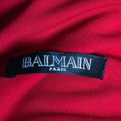 Pre Owned Balmain Red Knit Engraved Button Embellished Pleated Front Dress M