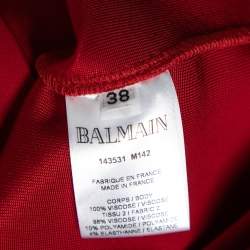 Pre Owned Balmain Red Knit Engraved Button Embellished Pleated Front Dress M