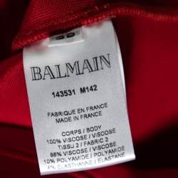 Pre Owned Balmain Red Knit Engraved Button Embellished Pleated Front Dress M