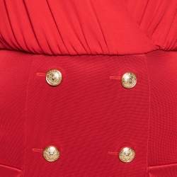 Pre Owned Balmain Red Knit Engraved Button Embellished Pleated Front Dress M