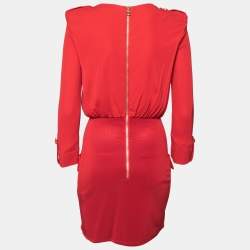 Pre Owned Balmain Red Knit Engraved Button Embellished Pleated Front Dress M
