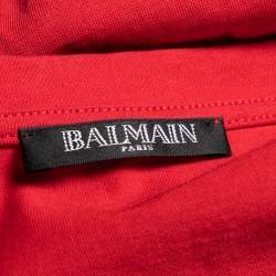 Pre Owned Balmain Red Logo Printed Button Studded Crew Neck T-shirt M
