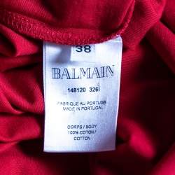 Pre Owned Balmain Red Logo Printed Button Studded Crew Neck T-shirt M