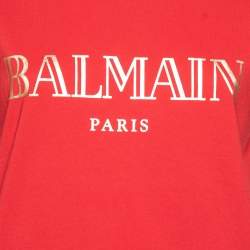 Pre Owned Balmain Red Logo Printed Button Studded Crew Neck T-shirt M