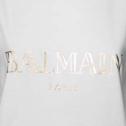 Pre Owned Balmain White Logo Printed Button Studded Sleeveless Top M