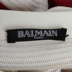 Pre Owned Balmain Ivory & Red Striped Knit Button Detail Long Sleeve Dress M