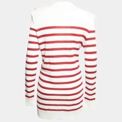 Pre Owned Balmain Ivory & Red Striped Knit Button Detail Long Sleeve Dress M