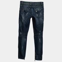 Pre Owned Balmain Blue Distressed Denim Skinny Biker Jeans S