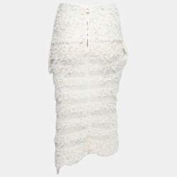 Pre Owned Balmain Ivory Fringed Lurex Knit Cotton Slit Detail Skirt S