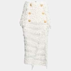 Pre Owned Balmain Ivory Fringed Lurex Knit Cotton Slit Detail Skirt S
