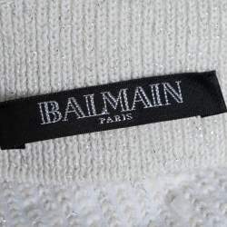 Pre Owned Balmain Ivory Fringed Lurex Knit Cotton Slit Detail Skirt S