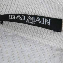 Pre Owned Balmain Ivory Fringed Lurex Knit Cotton Slit Detail Skirt S