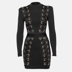 Pre Owned Balmain Black Stretch Knit Lace Up Detail Bodycon Dress S
