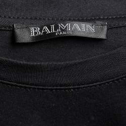 Pre Owned Balmain Black Logo Print Cotton Button Detail Crew Neck T-Shirt S