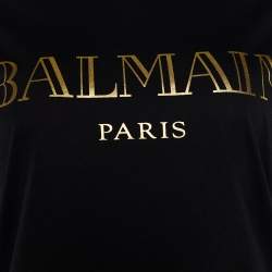 Pre Owned Balmain Black Logo Print Cotton Button Detail Crew Neck T-Shirt S