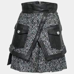 Pre Owned Balmain Black Mesh and Leather Sequin Embellished Asymmetric Skirt M