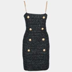 Pre Owned Balmain Black Tweed Chain Strap Mini Dress M