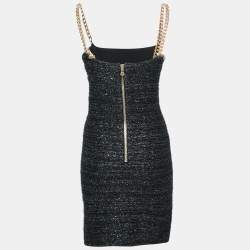 Pre Owned Balmain Black Tweed Chain Strap Mini Dress M