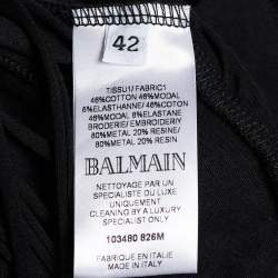 Pre Owned Balmain Black Jersey Fringe Tassel Asymmetrical Hem Dress L