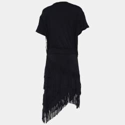 Pre Owned Balmain Black Jersey Fringe Tassel Asymmetrical Hem Dress L
