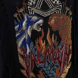 Pre Owned Balmain Black Jersey Fringe Tassel Asymmetrical Hem Dress L