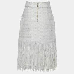 Pre Owned Balmain White Bouclé Tweed Fringed Skirt M