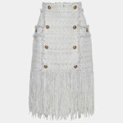 Pre Owned Balmain White Bouclé Tweed Fringed Skirt M