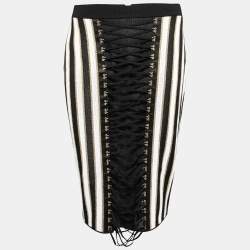 Pre Owned Balmain Monochrome & Gold Striped Knit Tie Up Detail Skirt L