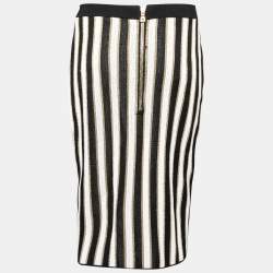 Pre Owned Balmain Monochrome & Gold Striped Knit Tie Up Detail Skirt L