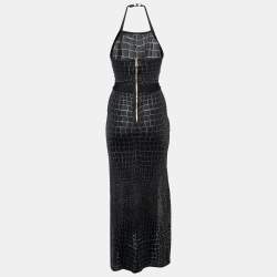 Pre Owned Balmain Black Knit Crocodile Effect Long Dress XS