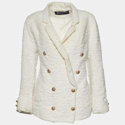 Pre Owned Balmain Ivory Cotton & Linen Tweed Double Breasted Blazer L