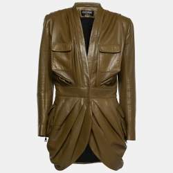 Pre Owned Balmain Olive Green Leather Pocketed Draped Leather Jacket L