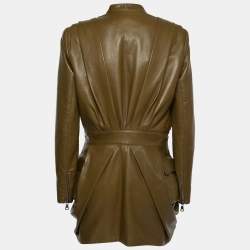 Pre Owned Balmain Olive Green Leather Pocketed Draped Leather Jacket L