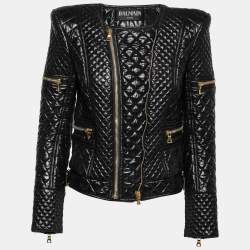 Pre Owned Balmain Black Synthetic Gold Zipper Detail Quilted Jacket M