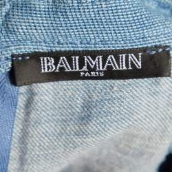 Pre Owned Balmain Blue Denim Effect Cotton & Linen Midi Skirt M