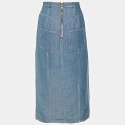 Pre Owned Balmain Blue Denim Effect Cotton & Linen Midi Skirt M
