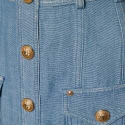 Pre Owned Balmain Blue Denim Effect Cotton & Linen Midi Skirt M