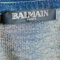 Pre Owned Balmain Blue Faded Denim Cotton Knit Distressed T-Shirt M