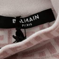 Pre Owned Balmain Pink Jacquard Lurex Knit Mock Neck Crop Top L