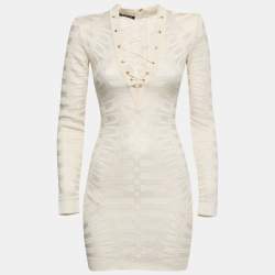 Balmain Cream Jacquard Stretch Knit Lace-Up Detail Bodycon Dress S