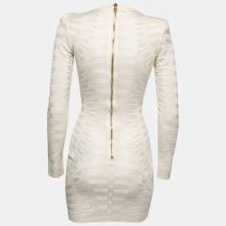 Balmain Cream Jacquard Stretch Knit Lace-Up Detail Bodycon Dress S