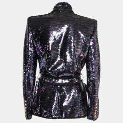 Balmain Purple Sequined Frayed Belted Blazer M